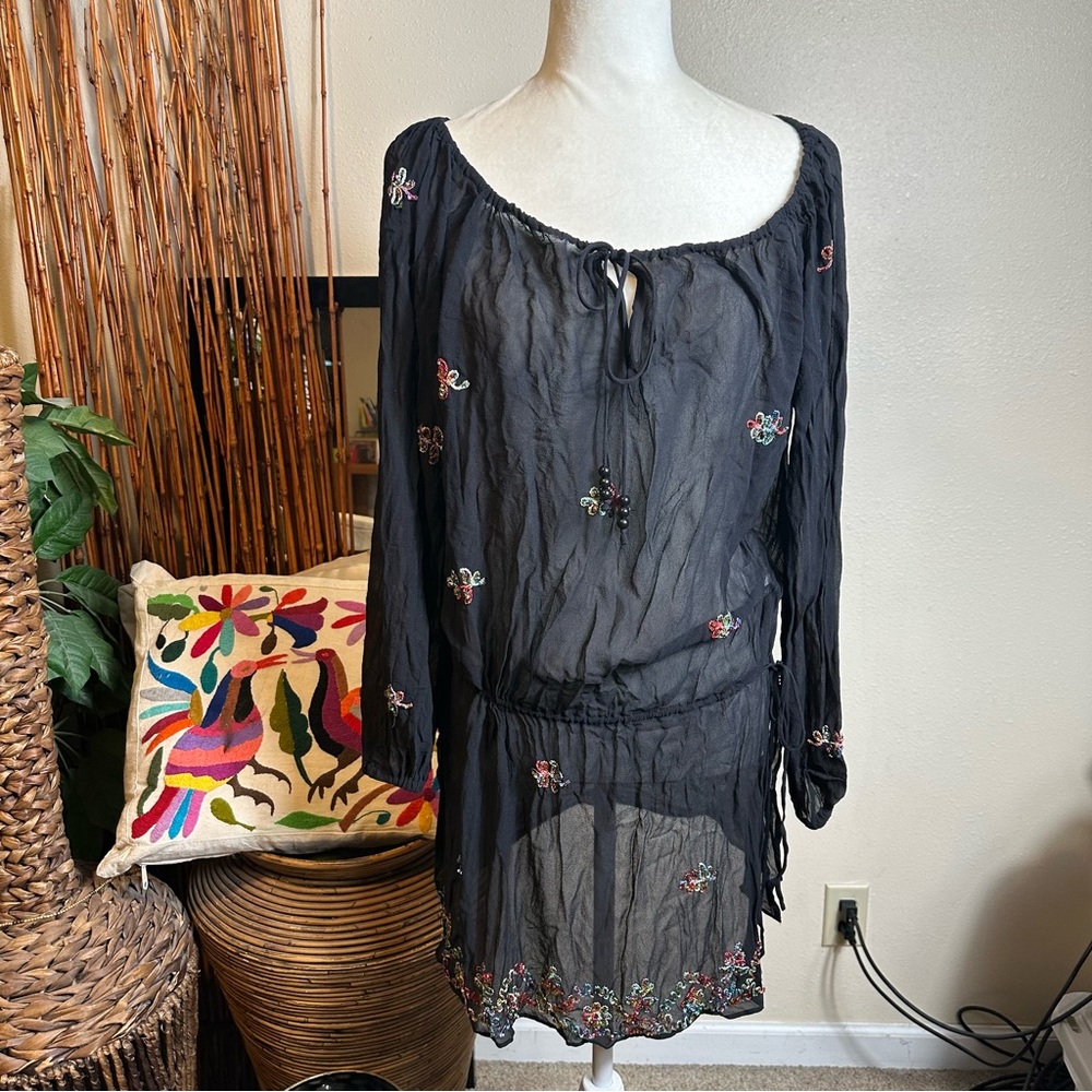 Seven7 Black Sheer Swim Coverup with Floral Embroidery